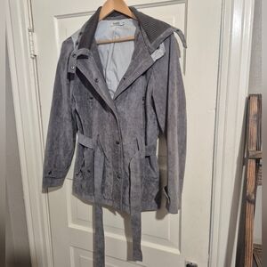 Stylish Grey Belted Jacket With Hood.
